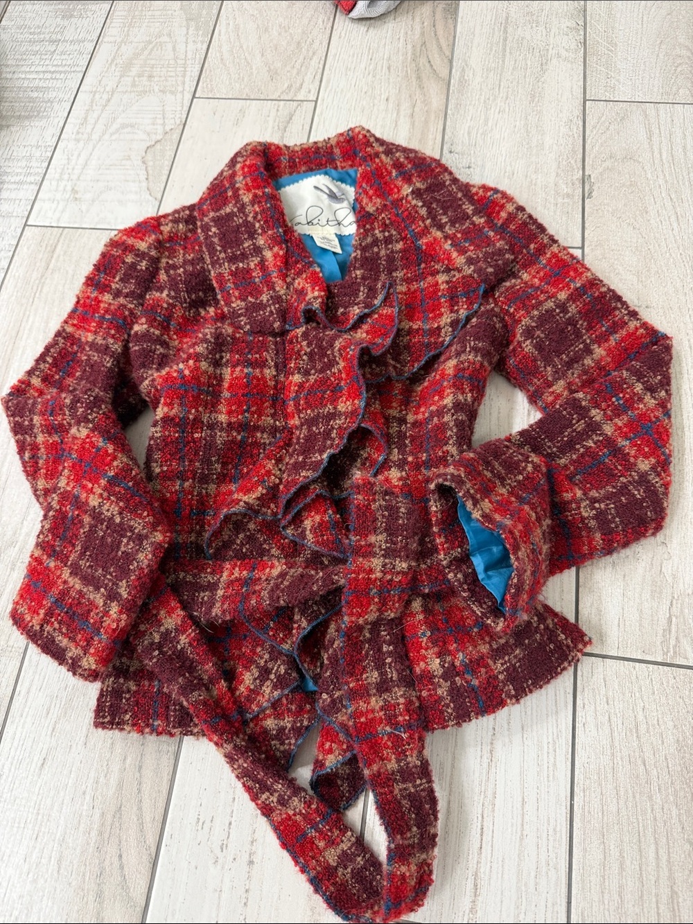 Tabitha Red Plaid Ruffle-Front Tweed Jacket